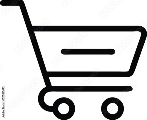 A simple black cart icon stands out against a white background illustration