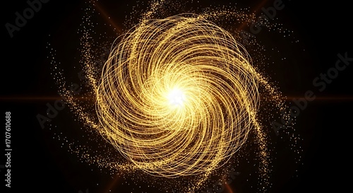 A swirling vortex of golden light particles creates a dynamic, mesmerizing design against a dark backdrop.