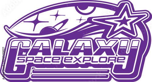 Galaxy space exploration and astronomy vintage Y2K icon or symbol. Cosmos research Y2K vector sign, galaxy outerspace travel symbol. Space discovery element with shooting star or planet and typography