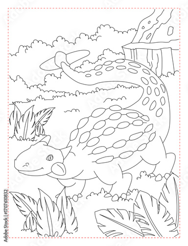 Black and White Happy Ankylosaurus Dinosaur Cartoon Character Vector. Coloring Page of a Happy Ankylosauru Dinosaur