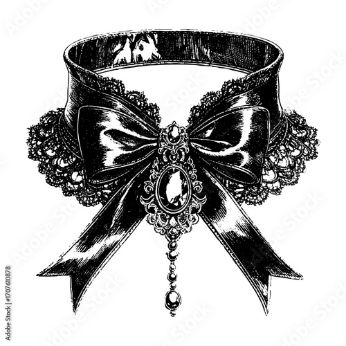 Victorian Ribbon Choker with Gem – Copperplate Engraving Style