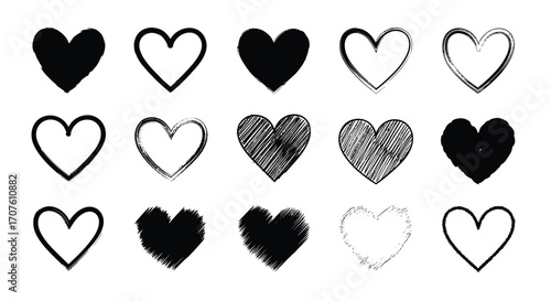 Collection of fifteen heart illustrations in various styles and designs.