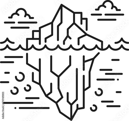Arctic iceberg landscape thin line icon or pictogram. Northern nature scene outline vector icon, travel view element linear symbol. Antarctica landscape pictogram with floating in water iceberg