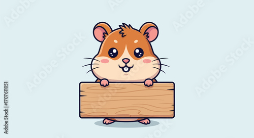 Cute cartoon hamster holding a blank wooden sign with a happy expression on a light blue background.