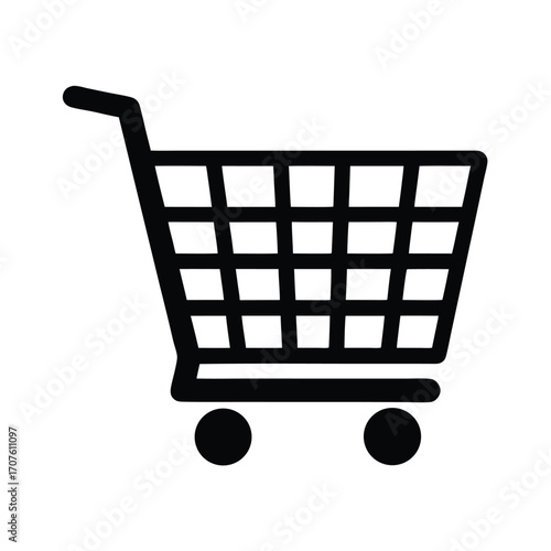 A simple black shopping cart appears with a grid structure and wheels