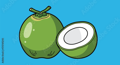 A vibrant illustration of a whole green coconut next to a halved coconut revealing its white flesh and liquid.
