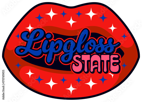 USA lipgloss state retro Y2K sticker or tag. American culture retro vector tag, USA country vintage Y2K sticker. United States of America label with woman glossy lips and handwritten typography