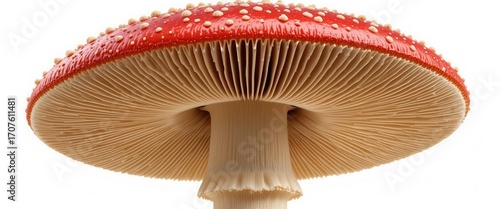Highly detailed photograph of a bright red amanita mushroom, carefully isolated with a transparent background for easy use.
