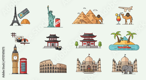 Collection of Iconic World Landmarks and Travel Destinations in a Flat Design Style