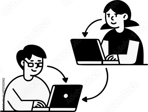 Business teamwork, collaboration doodle, people using laptops, idea exchange illustration. Remote work and online office project, creative solution process. Teamwork doodle.