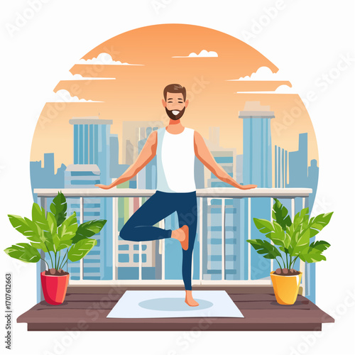 Full-color vector illustration of a person doing morning yoga on a balcony with city view, surrounded by plants and sunrise sky