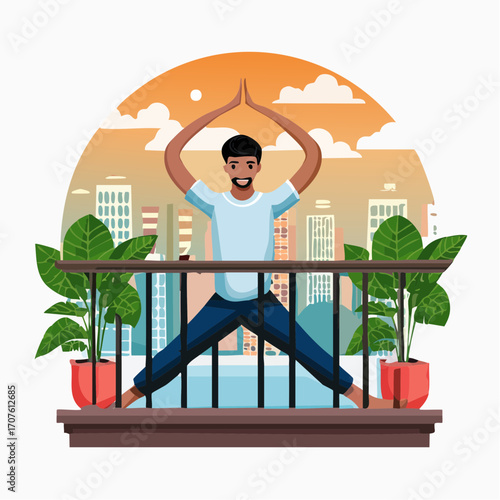 Full-color vector illustration of a person doing morning yoga on a balcony with city view, surrounded by plants and sunrise sky