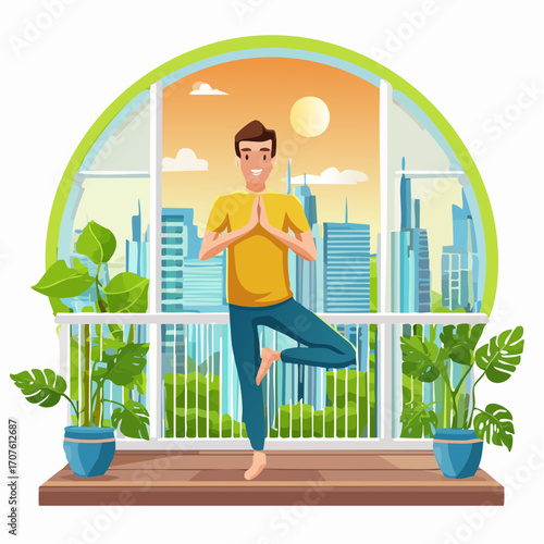 Full-color vector illustration of a person doing morning yoga on a balcony with city view, surrounded by plants and sunrise sky