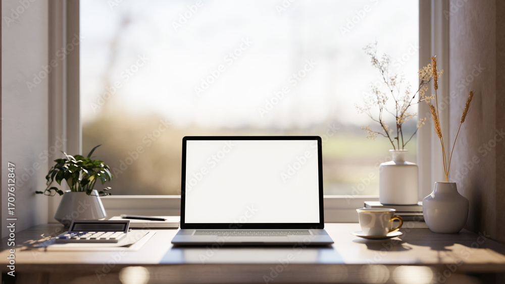 Fototapeta premium Blank screen laptop with calculator and coffee cup on wooden table under window in warm sunlight.