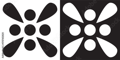 Geometric tile pattern in black and white with bold floral shapes and circles, ideal for flooring or wall design.