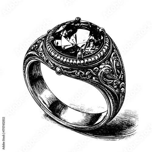 Vintage Ornamental Ring with Gem – Copperplate Engraving Style