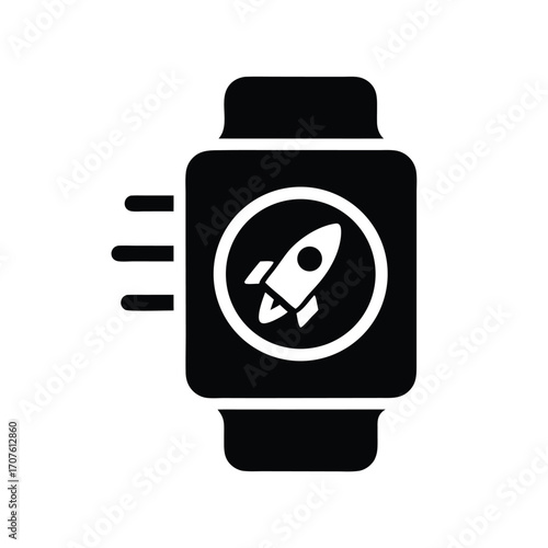 A solid black smartwatch shows a rocket inside of a circular interface on the screen