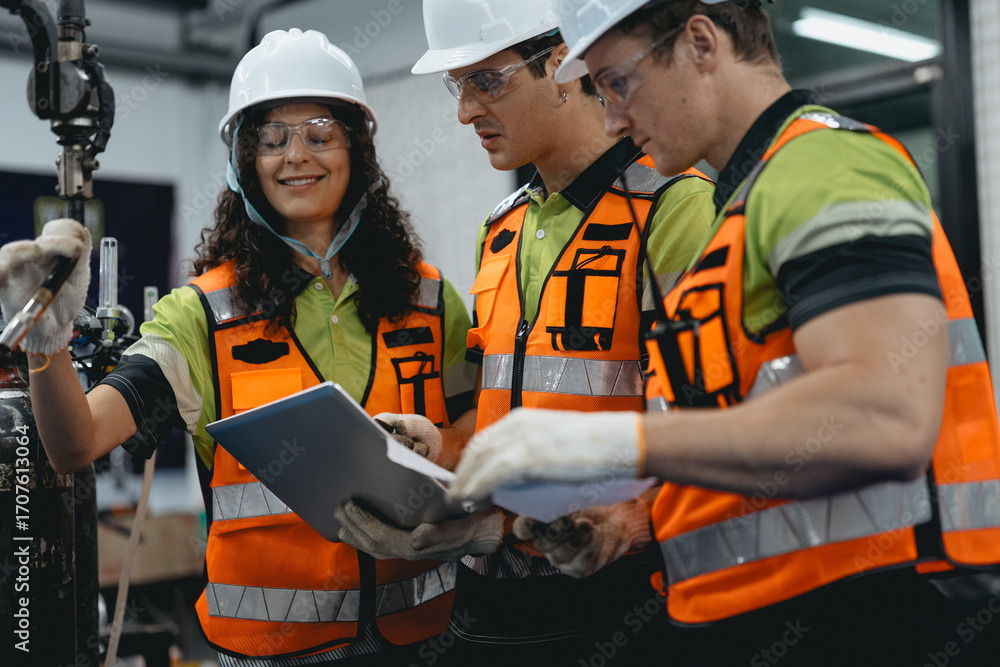 Obraz premium Diverse group of latin engineer working on AI technology in robotics electronics engineering laboratory. Hispanic technician team and colleague research in robot machine futuristic automated control.