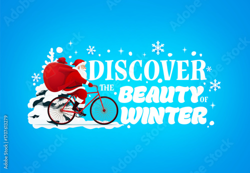 Christmas quote and greeting card, Santa riding bicycle with gift bag, cartoon vector. Christmas and New Year winter holidays quote with happy Santa carrying gifts on bicycle in snow forest