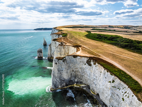 Fotografie White Cliffs of Old Harry Rocks Jurassic Coast from a drone, Handfast Point, Dor