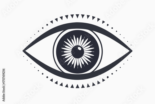 A stylized eye features a sunflowerlike iris, bordered by small triangles and dots along the contour