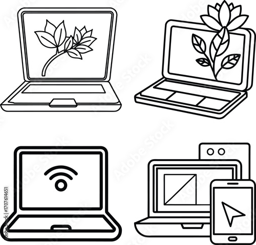 Set of  A computer screen displaying a gear icon and a checkmark representing successful system configuration technical setup or operational efficiency in a digital environment

