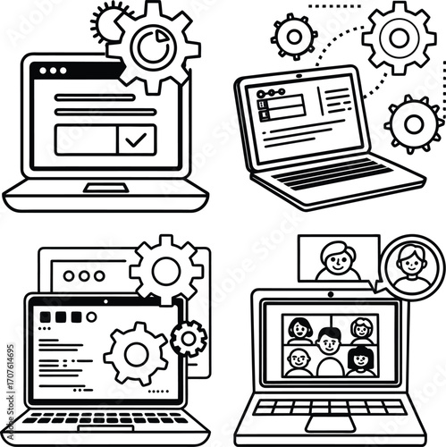 Set of  A computer screen displaying a gear icon and a checkmark representing successful system configuration technical setup or operational efficiency in a digital environment
