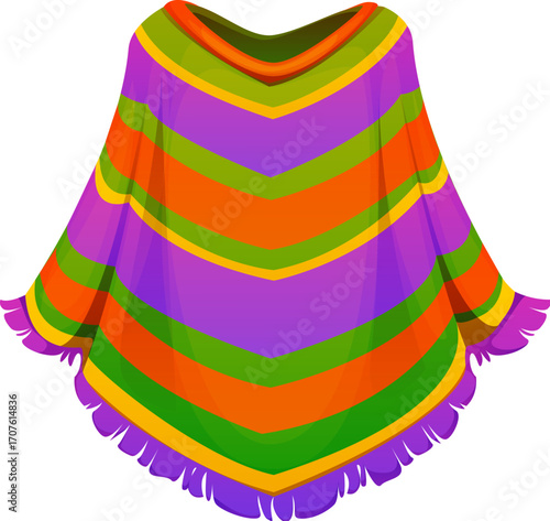 Mexican poncho, festive cultural attire, symbol of Latin American heritage and celebrations. Isolated cartoon vector outerwear, traditional, national colorful garment for Cinco de mayo or fiesta party
