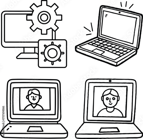 Set of  A computer screen displaying a gear icon and a checkmark representing successful system configuration technical setup or operational efficiency in a digital environment
