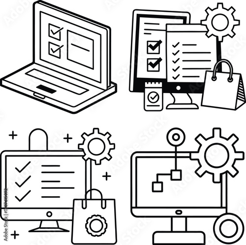Set of  A computer screen displaying a gear icon and a checkmark representing successful system configuration technical setup or operational efficiency in a digital environment
