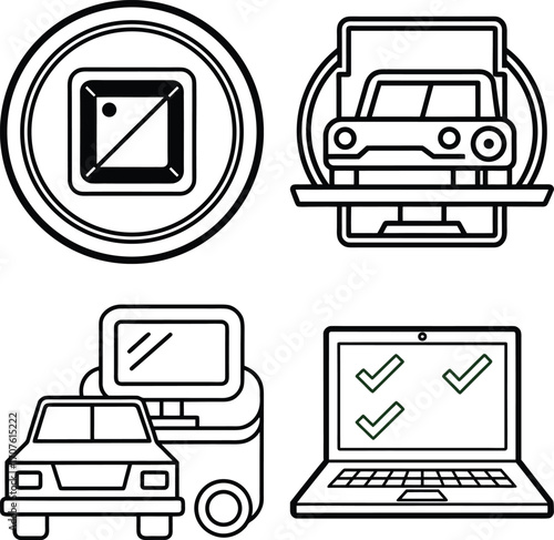 Set of  A computer screen displaying a gear icon and a checkmark representing successful system configuration technical setup or operational efficiency in a digital environment
