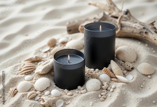 Relaxing Beach Vibe  Candles Surrounded by Sand, Seashells, and Weathered Driftwood Fragments
