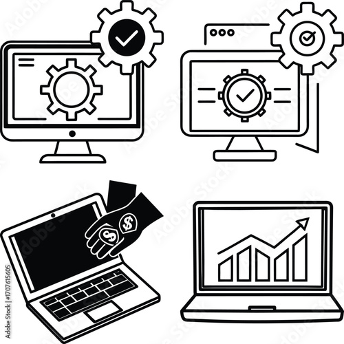 Set of  A computer screen displaying a gear icon and a checkmark representing successful system configuration technical setup or operational efficiency in a digital environment

