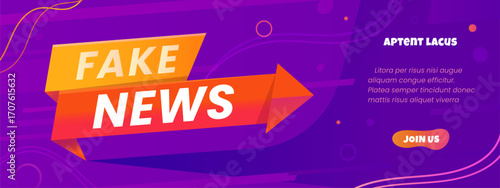 Fake news banner with purple background, red arrow and bold headline create urgency and impact. Vector social media communication alert, informational layout promoting disinformation announcement