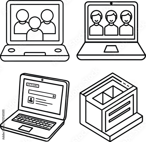 Set of  A computer screen displaying a gear icon and a checkmark representing successful system configuration technical setup or operational efficiency in a digital environment
