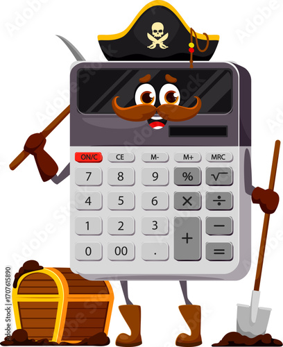 Cartoon calculator school supply pirate and corsair character. Isolated vector Captain counting tool, stationery crew personage digging treasure chest with shovel and pickaxe engaged in math adventure