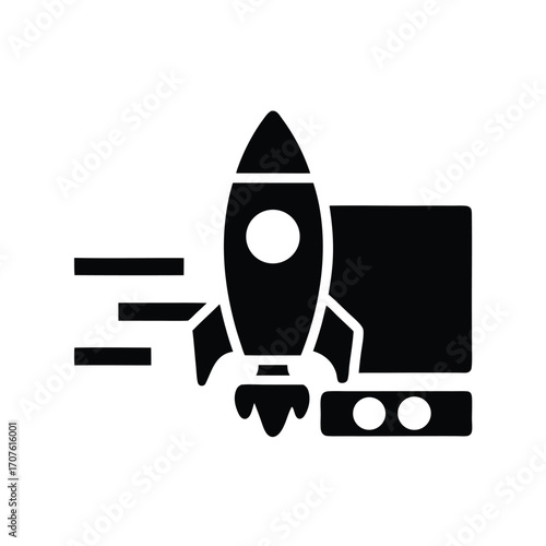 An abstract rocket takes flight beside a console featuring simplistic button interface in black