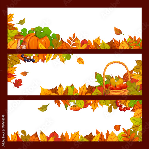 Autumn fall banners with pumpkins, baskets of fruits, berries and mushrooms, leaves and acorns which create festive seasonal frames with foliage. Vector horizontal blank templates with autumnal gifts