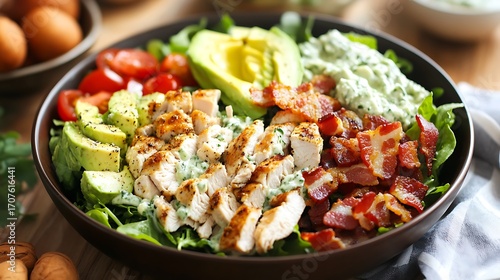 Healthy green goddess cobb salad with chicken bacon and avocado