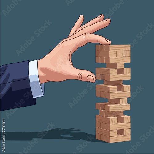 Business Growth – Hand stacking wooden blocks in a tower, symbolizing leadership, progress, and successful business development strategy