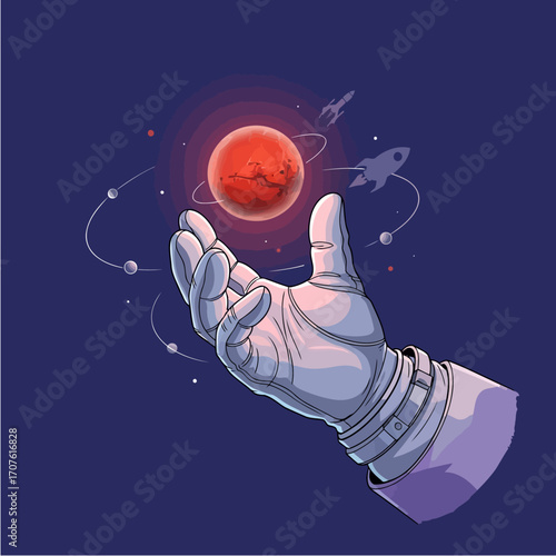 Mars Discovery – Stylized hand holding a symbolic planet with astronaut, representing space discovery, science exploration, and cosmic innovation