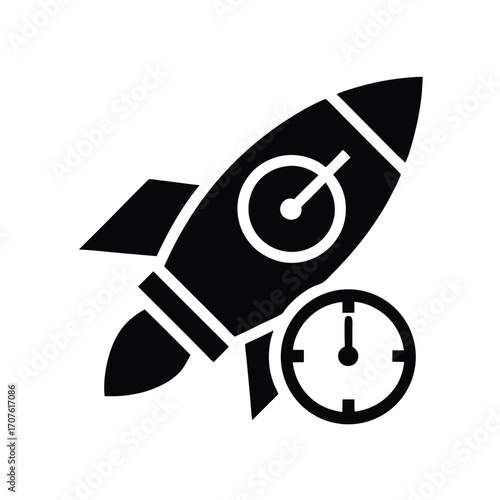 An illustrated black rocket ship icon is shown alongside a clock icon below it
