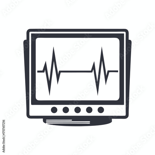 An oldfashioned monitor displays erratic heart rhythm signals against a plain backdrop in monotone