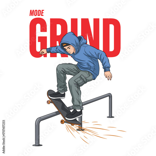 Vector Illustration of Skateboarder Performing Trick on Rail in Modern Street Style with Dynamic Motion in Cool Blue and Grey Colors