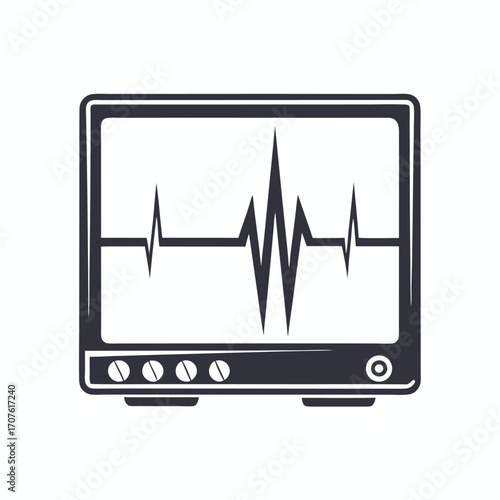 An isolated electrocardiogram machine displaying a fluctuating waveform stands against a stark white backdrop