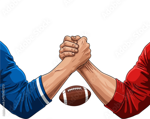 Sports Rivalry – Two symbolic hands in arm wrestling standoff, representing competition, rivalry, and strength in sportsmanship
