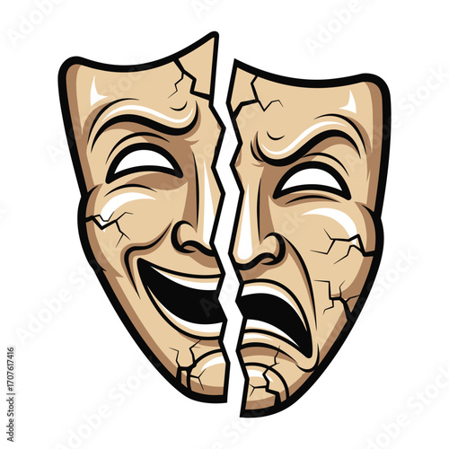 Vector Illustration of Cracked Comedy and Tragedy Masks in Artistic Style for Theater and Performance Design