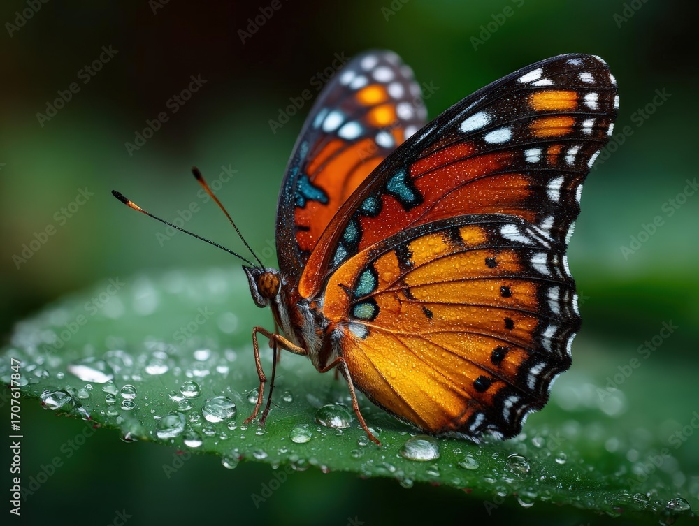 Obraz premium Close-up shot of a vibrant butterfly resting on a dewdrop-laden leaf