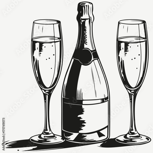 Champagne glasses and bottle sketch illustration vector