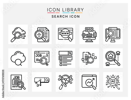 Search Icon Pack with Magnifying Glass, Analytics, Data Exploration, and Research Symbols for Technology, Marketing, and Business Use